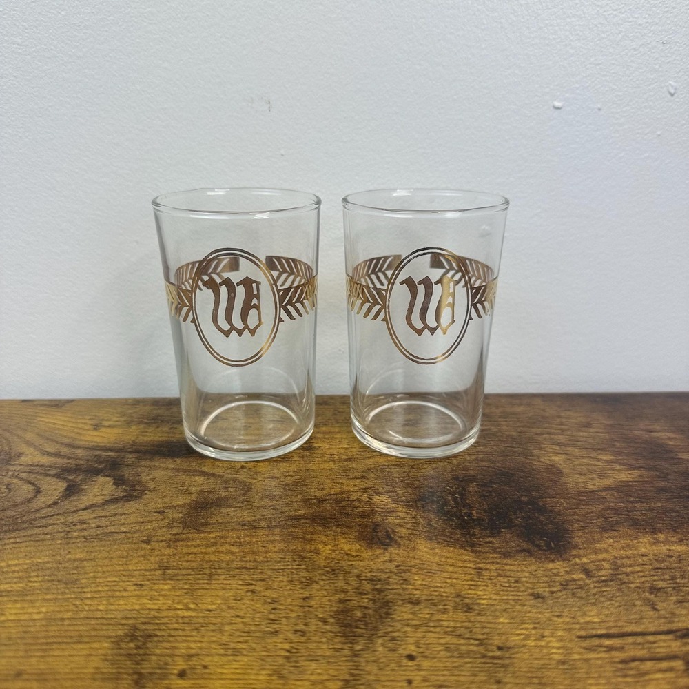Vintage Libbey Monogram W Laurel Leaf Gold Liquor Glass Set of 2 5oz